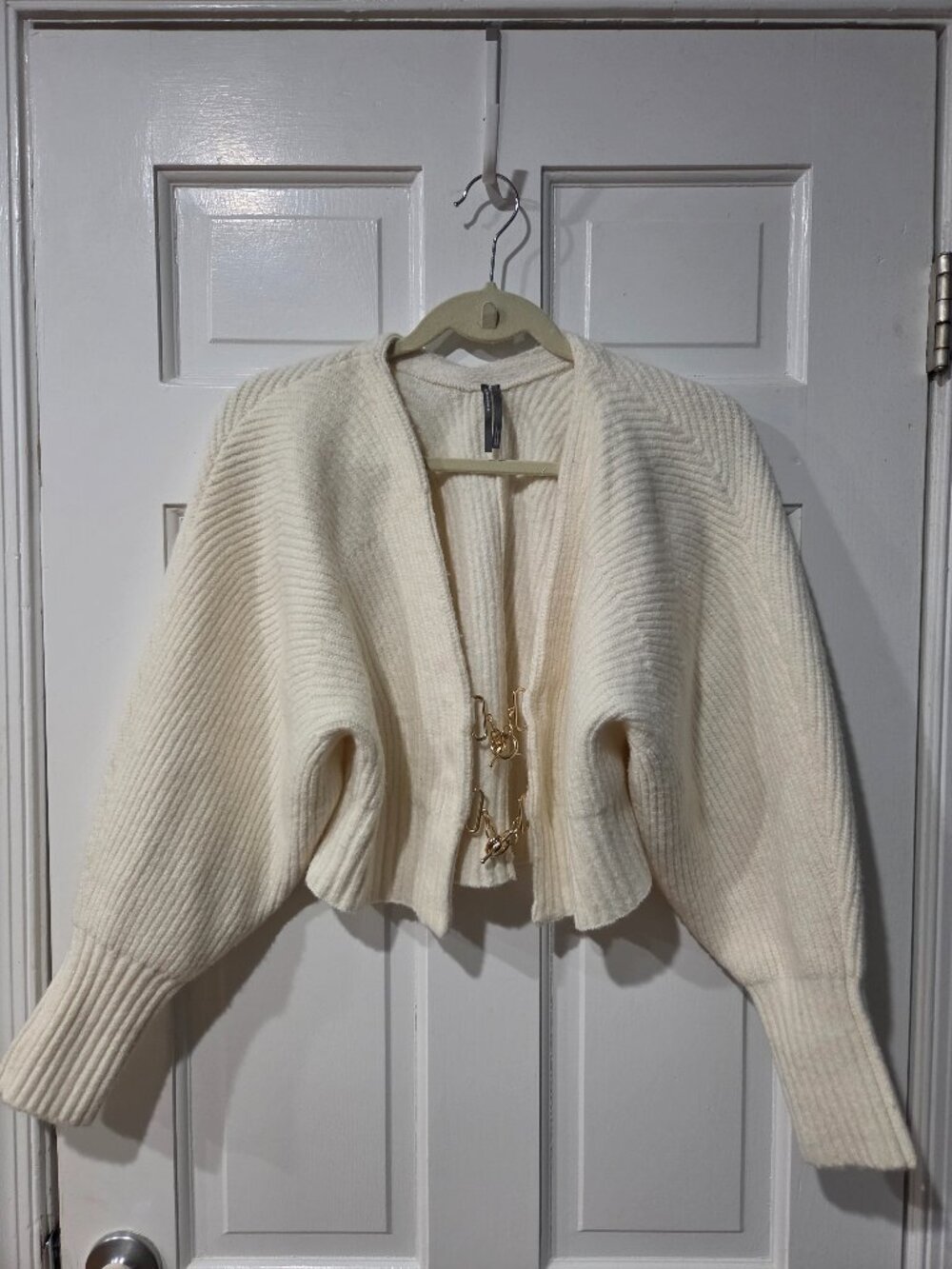 By Anthropologie Rhea Hardware Crop Cardigan Sweater Cream Wool Blend